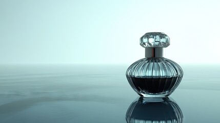 Obraz premium A luxurious perfume bottle with a decorative cap, placed on a reflective surface with plenty of space for text.