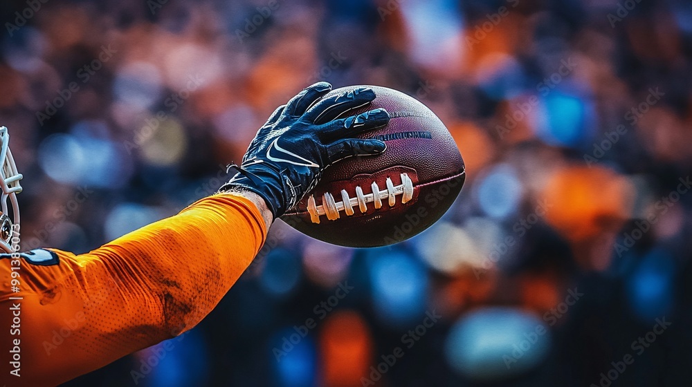 Poster a close-up of a wide receivers hands catching a football in mid-air with intense focus as the crowd 