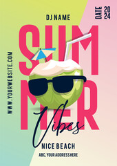 Playful summer party invitation flyer design, fun coconut with glasses & fresh juice offer, dj night promotion flyer for summer party