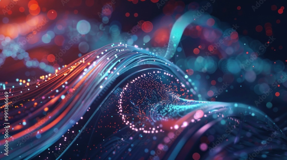 Poster abstract wave of colorful light particles flowing seamlessly through a dark background, creating an 