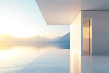 Abstract 3D rendering of minimalist style architectural space scene, mountain and lakeside building
