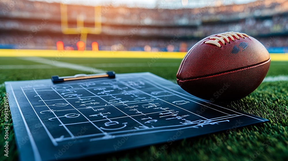 Poster a close-up of a detailed nfl game plan written on a coachs clipboard with arrows and diagrams showin