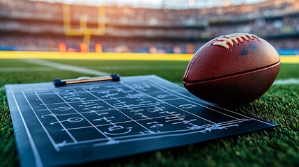 A close-up of a detailed NFL game plan written on a coachs clipboard with arrows and diagrams showing a complex play Large space for text in center Stock Photo with copy space