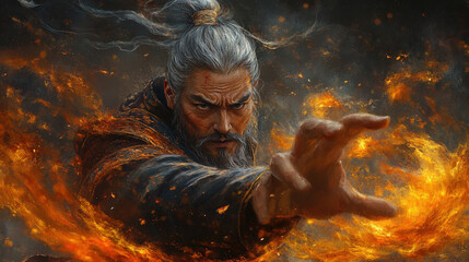 Fototapeta premium Chinese Warrior with Grey Hair Blowing in the Wind 