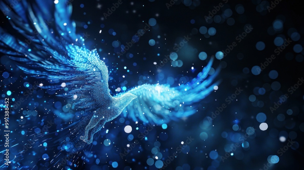Poster blue mystical creature with wings soaring through a sea of shimmering light particles, creating an e
