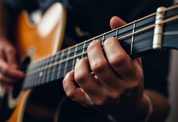 A musician fingers caressing the strings of a guitar lost in the