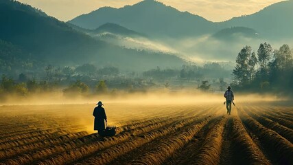 A peaceful rural morning with a farmer plowing the fields using traditional methods, surrounded by misty hills, symbolizing the enduring connection between culture and agriculture.