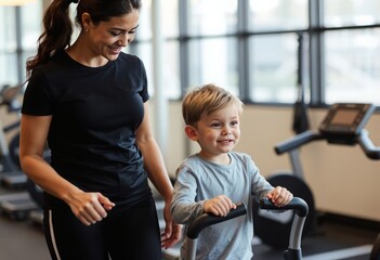 A mother and her son are going to the gym
