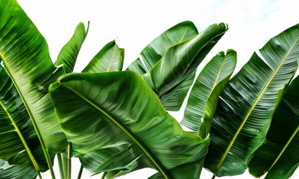 Lush banana palm leaves sway gently in the tropical breeze during a sunlit afternoon