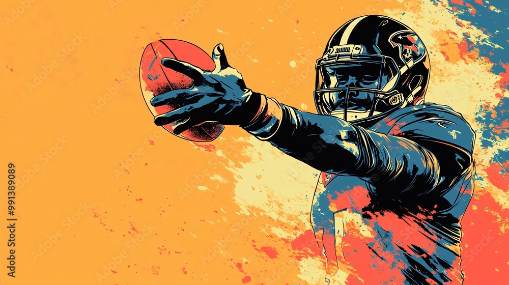 Aufkleber An abstract minimalist action shot of a quarterback throwing a pass with exaggerated arm movement and bold colors Large space for text in center Stock Photo with copy space