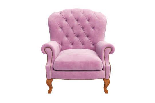 Elegant pink velvet armchair with tufted backrest and wooden legs, white isolate background.