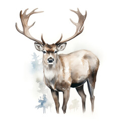 A watercolor painting of a reindeer standing in the snow. Christmas themed landscape.