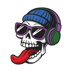 cheerful skull in glasses and headphones sticking out his tongue.vector illustration
