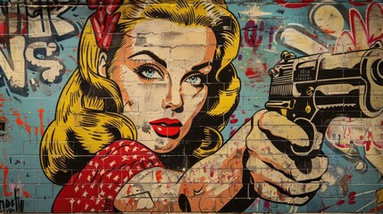 A pop art style illustration of a woman holding a gun, with graffiti in the background. © NDmCX-Nic