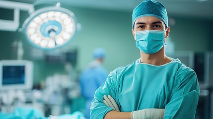 A doctor in surgical attire preparing for an operation, standing confidently in a sterile operating room
