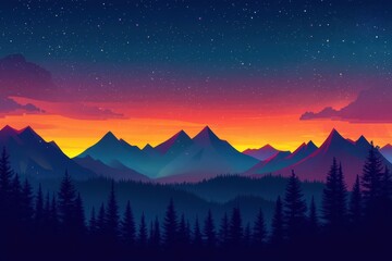 Silhouetted Forest Under a Starry Sky with a Vibrant Sunset Over Mountains