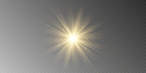 Obraz premium Glow light star, yellow sun rays, gold glare bokeh. Flash yellow sun, star flashed with sparkles.
