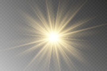 Obraz premium Glow light star, yellow sun rays, gold glare bokeh. Flash yellow sun, star flashed with sparkles.