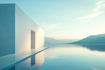 Abstract 3D rendering of minimalist style architectural space scene, mountain and lakeside building