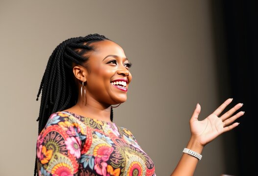 African American woman with braids wearing a colorful dress smil