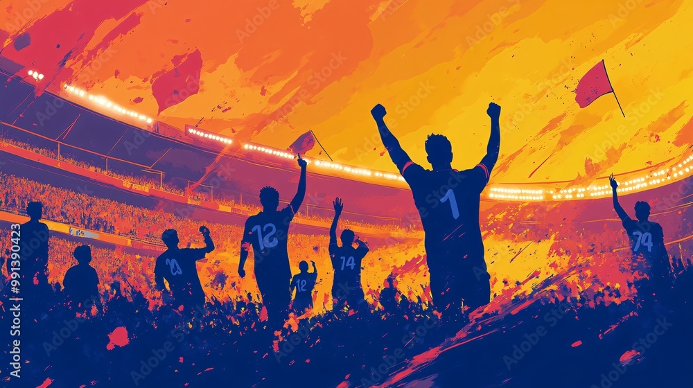 Poster An abstract illustration of a crowd in the stadium waving flags and cheering rendered with bold lines and contrasting hues Large space for text in center Stock Photo with copy space