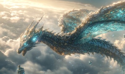 A metallic dragon flies through cloudy skies.