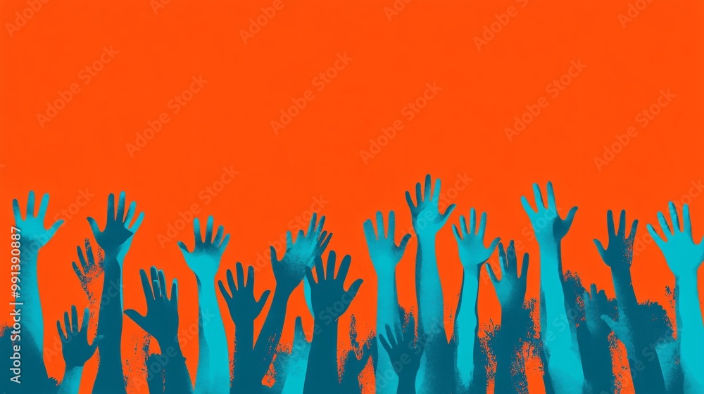Poster A minimalistic vector design of fans raising their hands in celebration with clean lines and simple flat colors Large space for text in center Stock Photo with copy space