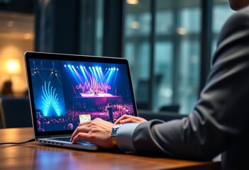 Businessman accessing virtual concerts and live events on laptop