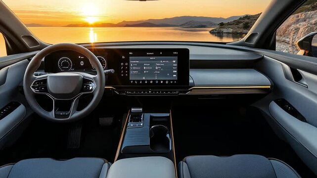 A minimalist car interior with a clean, uncluttered dashboard and large touchscreen. Ergonomically designed seats with memory settings and subtle, adjustable ambient lighting.