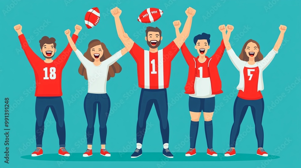 Poster A flat design of excited football fans in the stands with simplified expressions and a bold color palette Large space for text in center Stock Photo with copy space