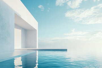 Fototapeta premium Abstract 3D rendering of minimalist style architectural space scene, mountain and lakeside building
