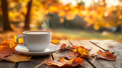 cup of coffee and autumn leaves
