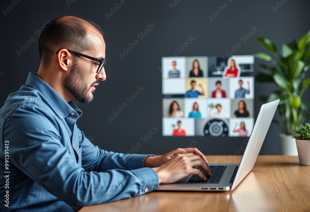 Poster businessman accessing virtual team building activities and commu