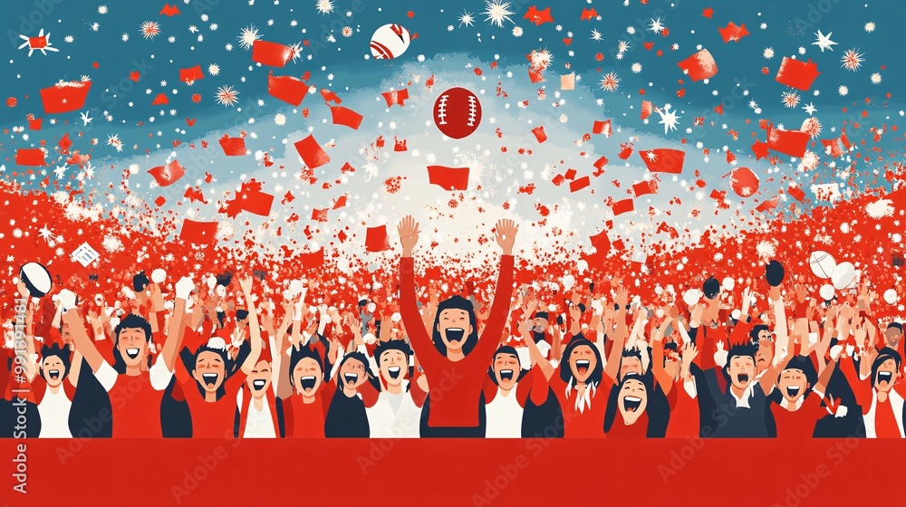 Poster a flat design of excited football fans in the stands with simplified expressions and a bold color pa