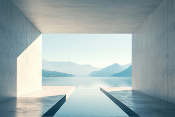 Abstract 3D rendering of minimalist style architectural space scene, mountain and lakeside building