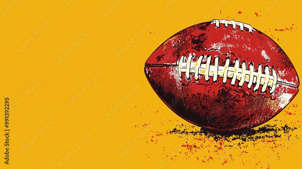 Poster A clean minimalist illustration of a football on a tee before kickoff using contrasting colors and sharp outlines Large space for text in center Stock Photo with copy space