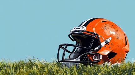 Fototapeta premium A flat illustration of a football helmet and cleats placed on a turf field rendered with simple geometry and minimal detail Large space for text in center Stock Photo with copy space