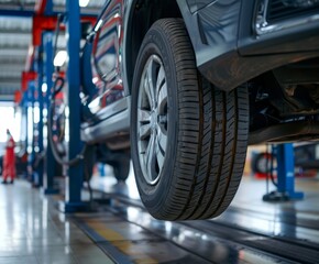 Car raised on a lift in an auto repair shop, ready for inspection and maintenance.