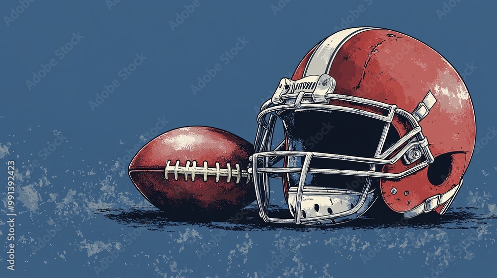 Poster A simple vector design of football equipment including pads and gloves drawn with clean lines and a limited color palette Large space for text in center Stock Photo with copy space