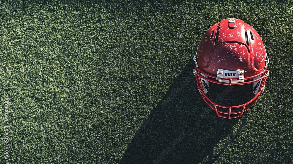 Poster A flat illustration of a football helmet and cleats placed on a turf field rendered with simple geometry and minimal detail Large space for text in center Stock Photo with copy space