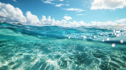 Fototapeta premium Breathtaking view of crystal-clear ocean water, sparkling under a bright blue sky with fluffy clouds, evoking peace and tranquility.