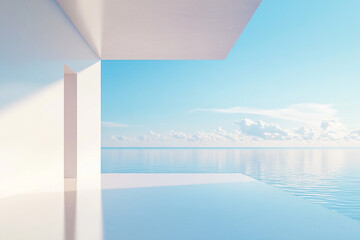 Fototapeta premium Abstract 3D rendering of minimalist style architectural space scene, mountain and lakeside building