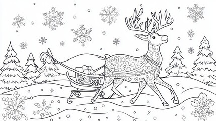 Reindeer Pulling a Sleigh Through a Snowy Winter Wonderland