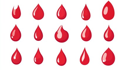 Fototapeta premium Collection of red drops in various shapes and sizes, perfect for illustrating themes of health, emotion, and creativity.