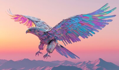 A metallic eagle soars over mountains.