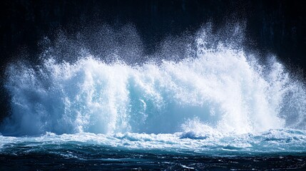 Obraz premium Dynamic ocean wave crashing against the shore, showcasing the raw power and beauty of nature in vibrant blue tones.