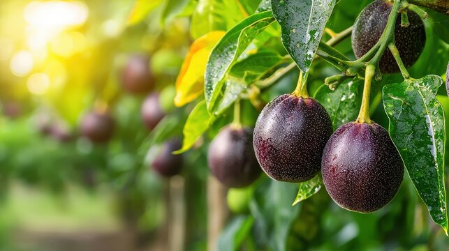 Lush Tropical Garden with Passionfruit Vines Laden with Ripe Fruit - Exotic Flora in a Serene Setting