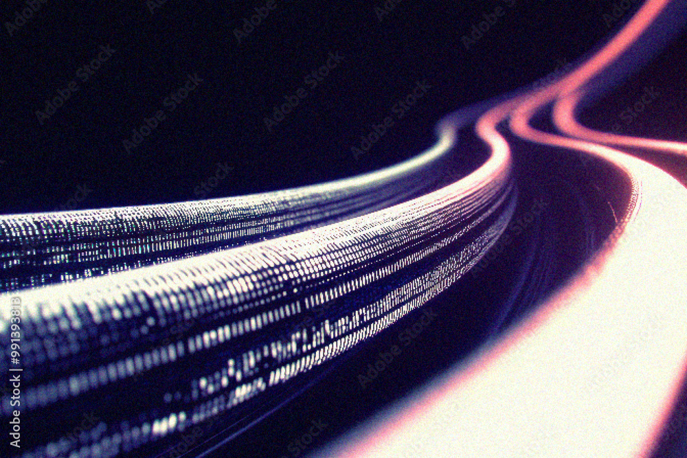 Poster grainy gradient background, abstract digital wave with glowing lines on a dark background, represent