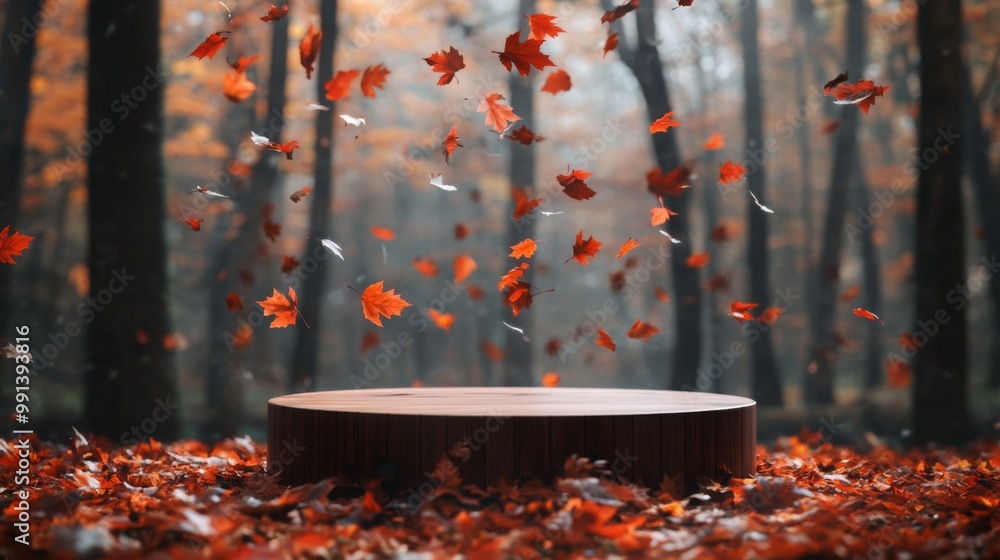 Aufkleber a circular wooden platform sits in the center of a misty forest, surrounded by vibrant autumn leaves