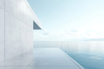 Obraz premium Abstract 3D rendering of minimalist style architectural space scene, mountain and lakeside building